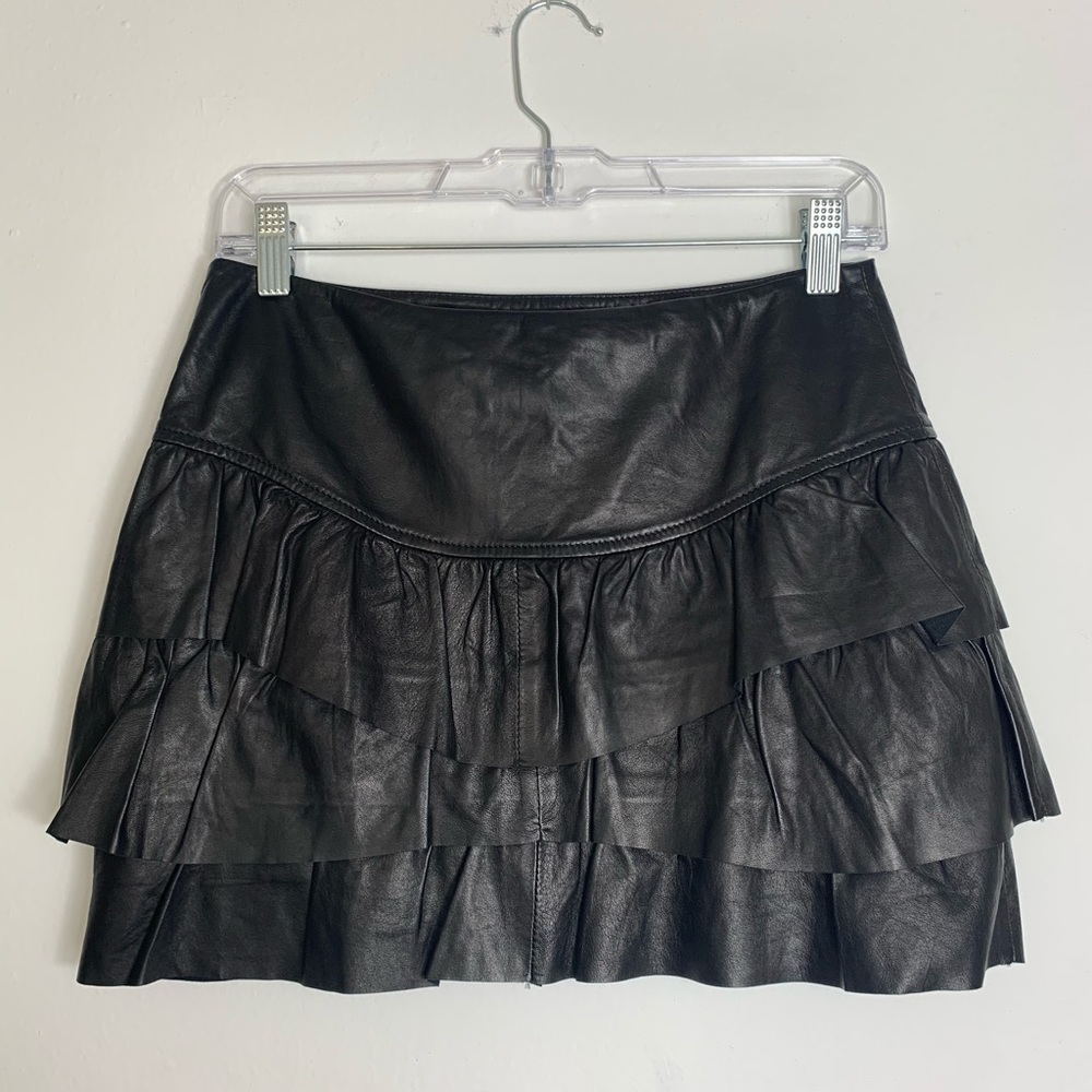 Genuine Black Leather ruffled tiered mini skirt